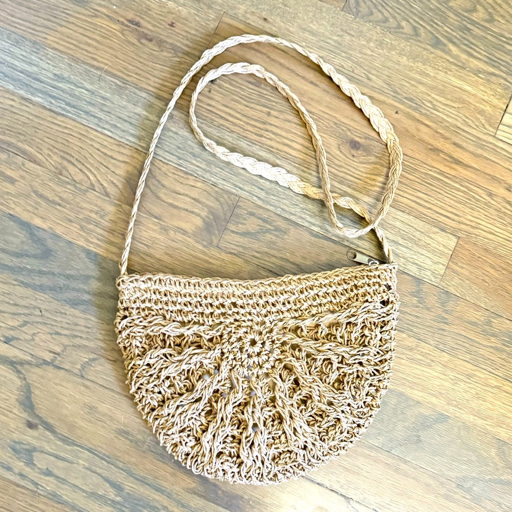 Only Tan Woven Crochet Boho Crossbody Bag Small